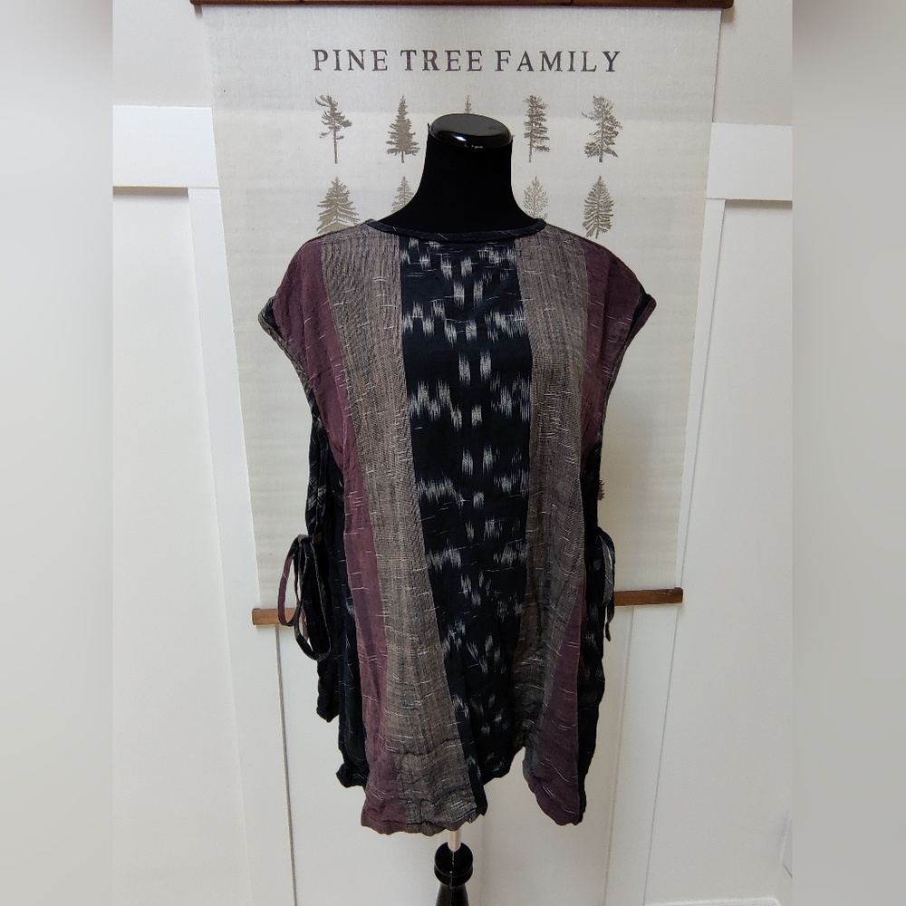 Artisan Boho Patchwork Tunic Top – Ikat Print, Side Ties, Oversized Fit